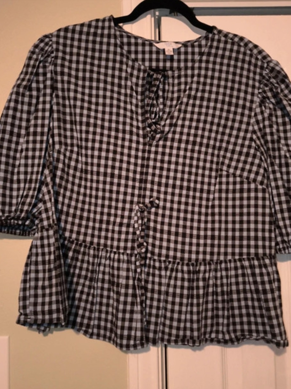Time and Tru Tie Front Peplum Top Girls Gingham Blouse Brown & White Size XL (16